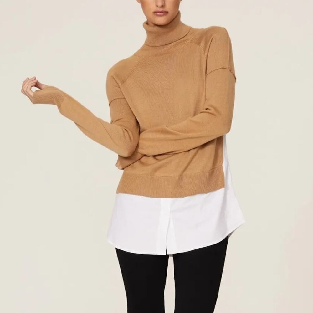 KF/Kaufman Mixed Media Sweater Turtleneck Wool Blend Knit Camel & White XL